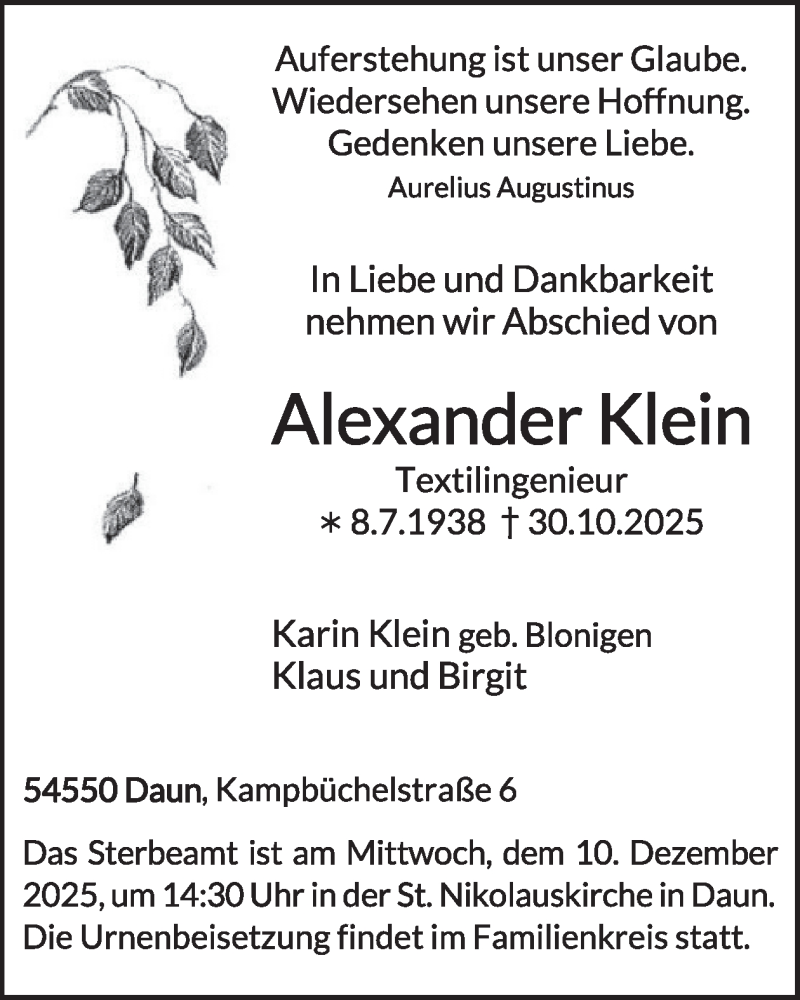  Traueranzeige für Alexander Klein vom 06.12.2025 aus WochenSpiegel