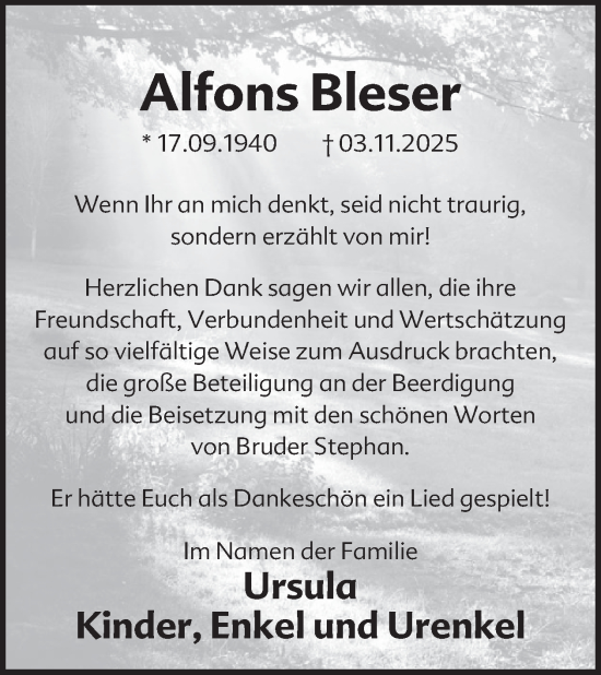 Traueranzeige von Alfons Bleser von WochenSpiegel