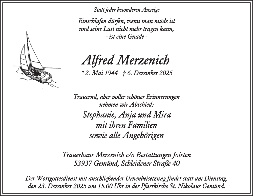  Traueranzeige für Alfred Merzenich vom 17.12.2025 aus WochenSpiegel