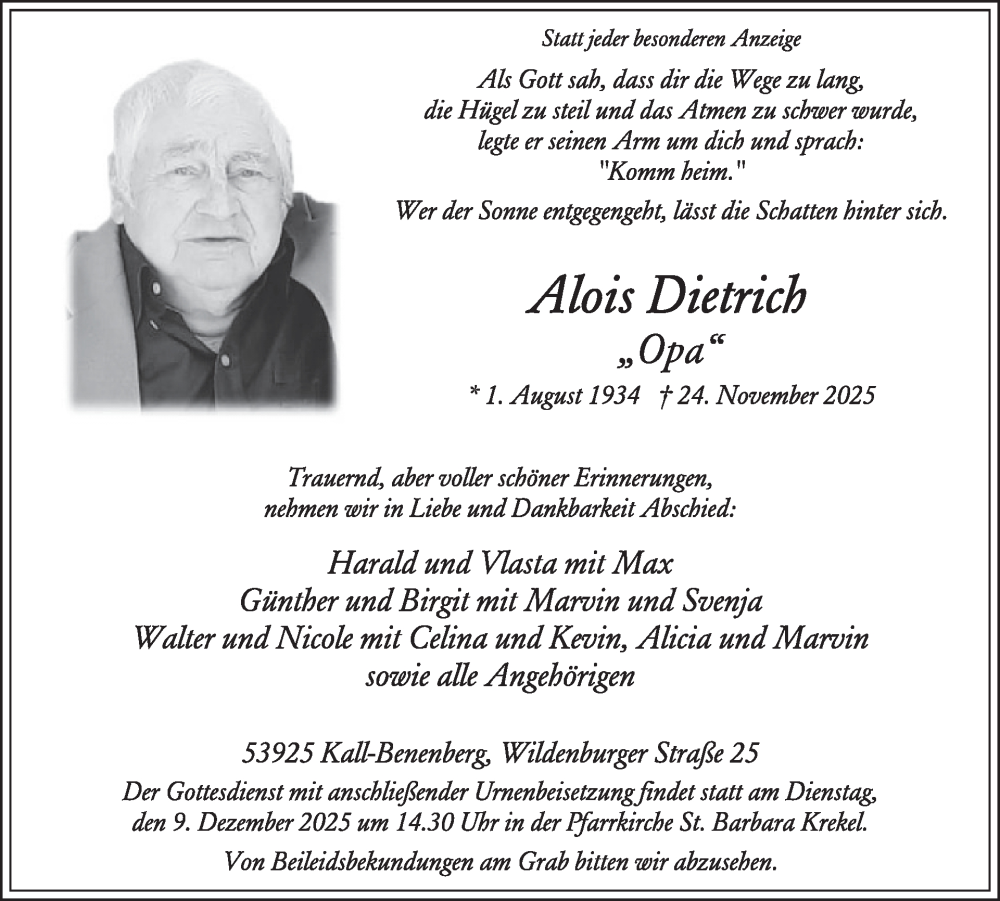  Traueranzeige für Alois Dietrich vom 03.12.2025 aus WochenSpiegel
