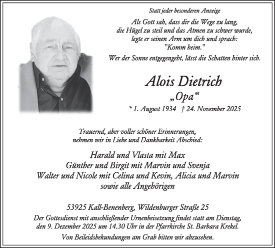 Traueranzeige von Alois Dietrich von WochenSpiegel