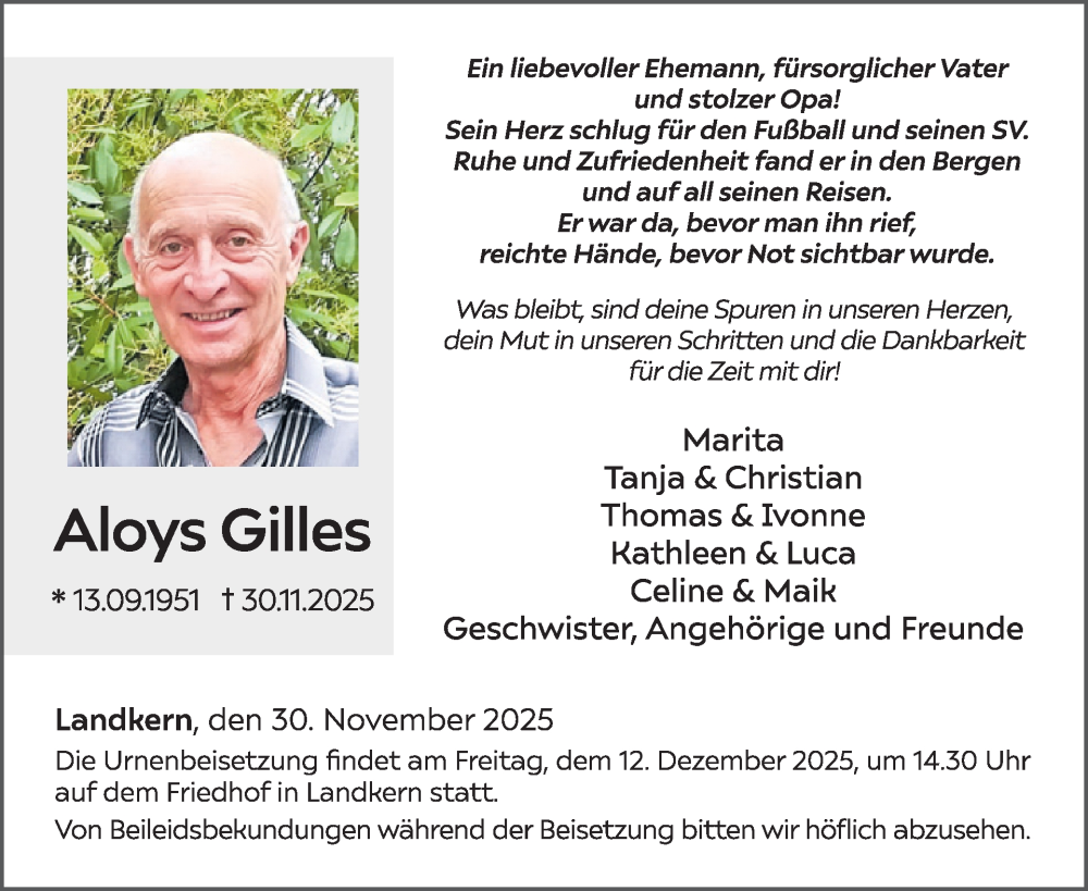  Traueranzeige für Aloys Gilles vom 10.12.2025 aus WochenSpiegel