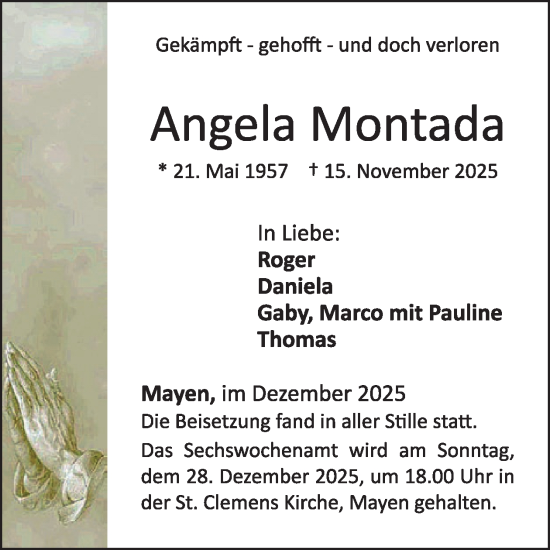 Traueranzeige von Angela Montada von WochenSpiegel