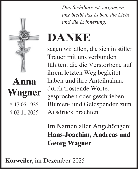 Traueranzeige von Anna Wagner von WochenSpiegel