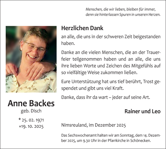 Traueranzeige von Anne Backes von WochenSpiegel