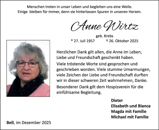 Traueranzeige von Anne Wirtz von WochenSpiegel