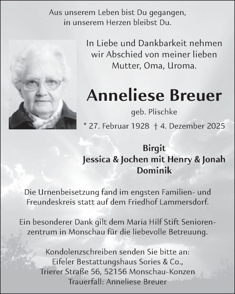  Traueranzeige für Anneliese Breuer vom 17.12.2025 aus WochenSpiegel