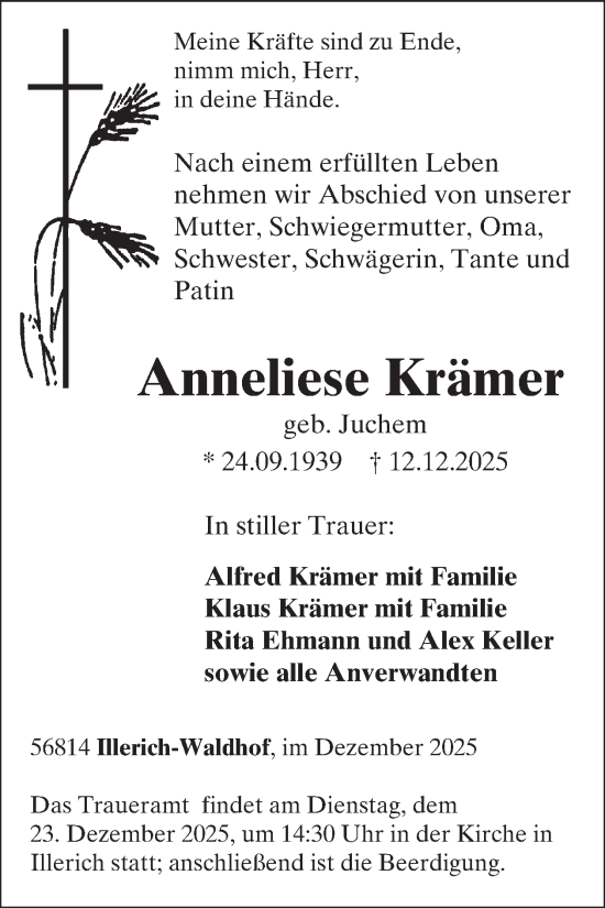Traueranzeige von Anneliese Krämer von WochenSpiegel