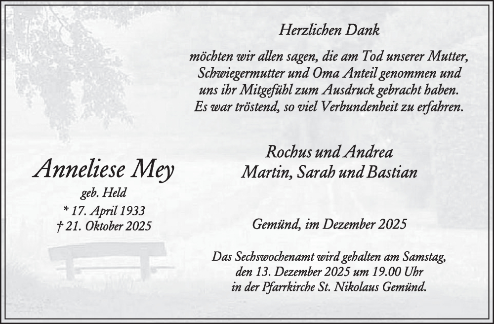  Traueranzeige für Anneliese Mey vom 03.12.2025 aus WochenSpiegel