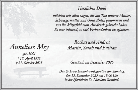 Traueranzeige von Anneliese Mey von WochenSpiegel
