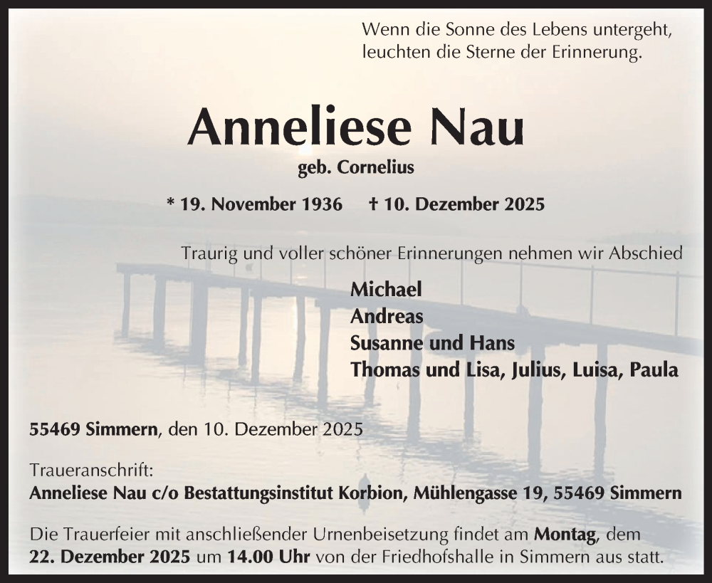  Traueranzeige für Anneliese Nau vom 20.12.2025 aus WochenSpiegel