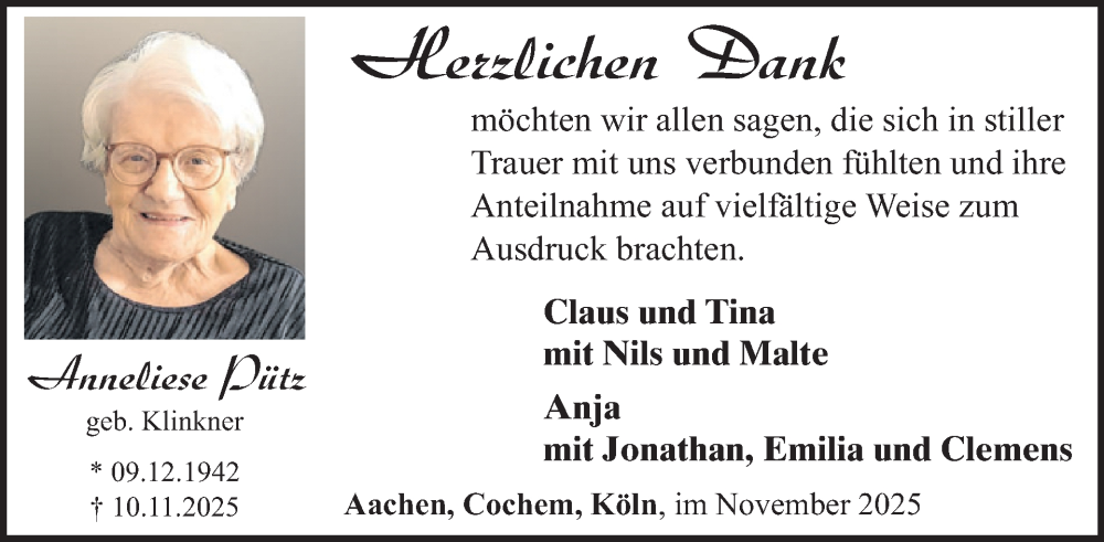  Traueranzeige für Anneliese Pütz vom 03.12.2025 aus WochenSpiegel