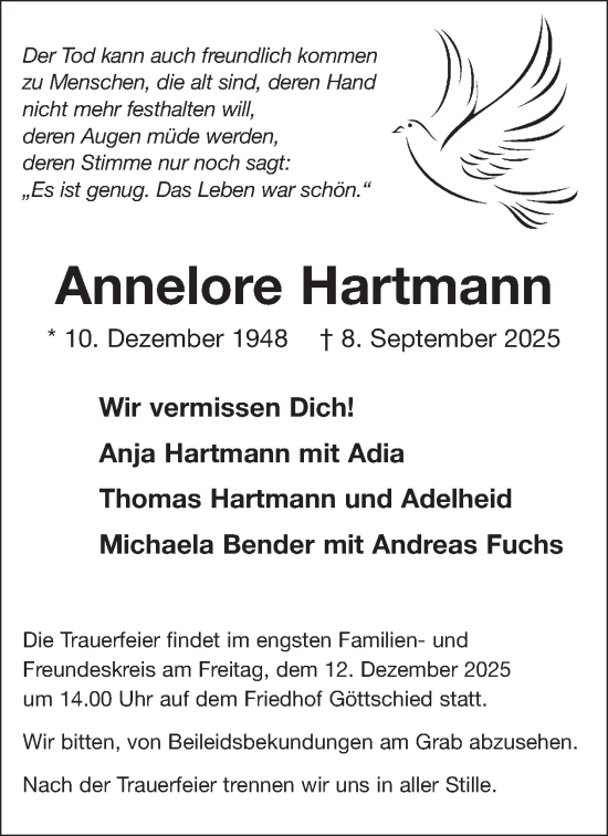 Traueranzeige von Annelore Hartmann von WochenSpiegel