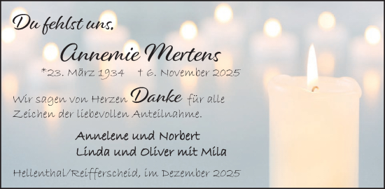 Traueranzeige von Annemie Mertens von WochenSpiegel
