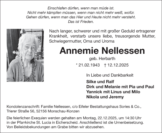 Traueranzeige von Annemie Nellessen von WochenSpiegel