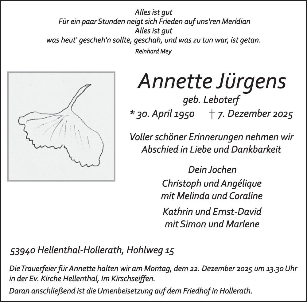  Traueranzeige für Annette Jürgens vom 17.12.2025 aus WochenSpiegel