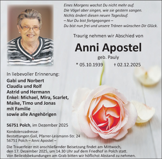 Traueranzeige von Anni Apostel von WochenSpiegel