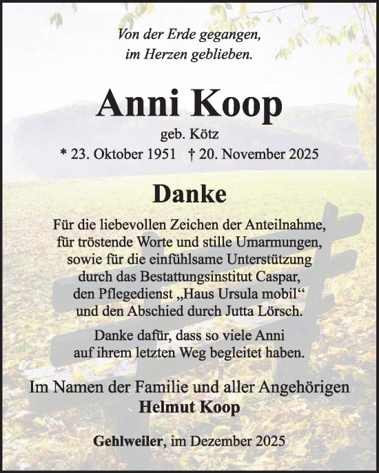 Traueranzeige von Anni Koop von WochenSpiegel