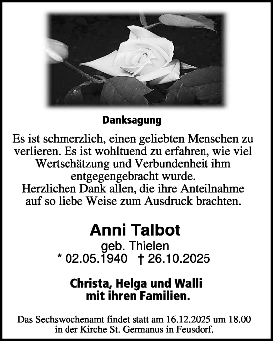 Traueranzeige von Anni Talbot von WochenSpiegel