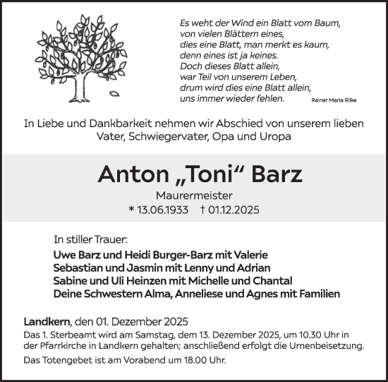 Traueranzeige von Anton Barz von WochenSpiegel