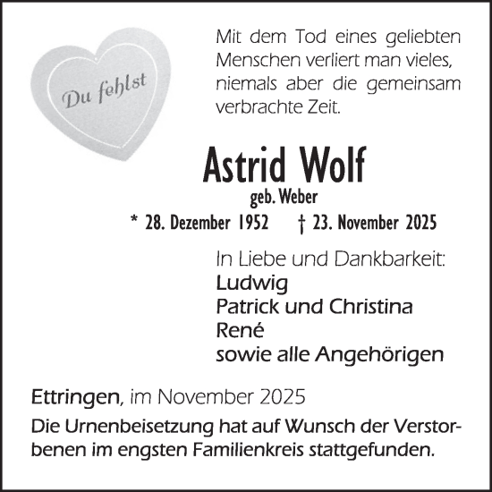 Traueranzeige von Astrid Wolf von WochenSpiegel