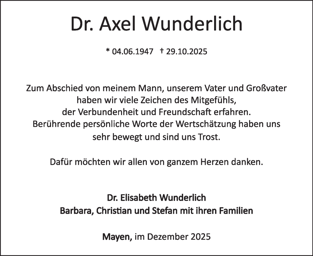  Traueranzeige für Axel Wunderlich vom 24.12.2025 aus WochenSpiegel