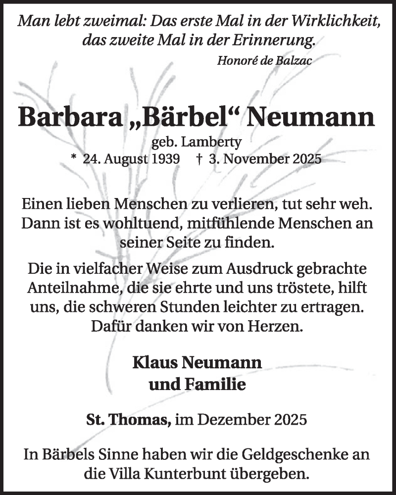 Traueranzeige für Barbara Neumann vom 19.12.2025 aus WochenSpiegel
