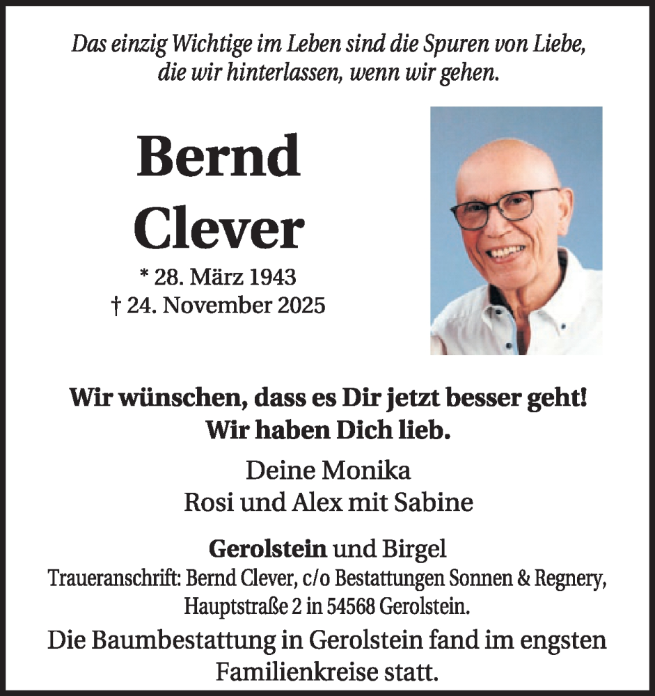  Traueranzeige für Bernd Clever vom 06.12.2025 aus WochenSpiegel