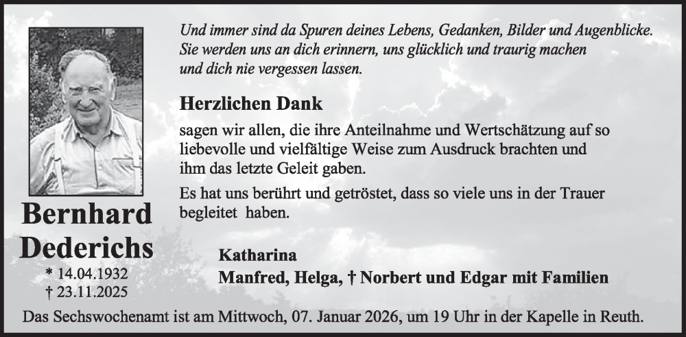  Traueranzeige für Bernhard Dederichs vom 27.12.2025 aus WochenSpiegel