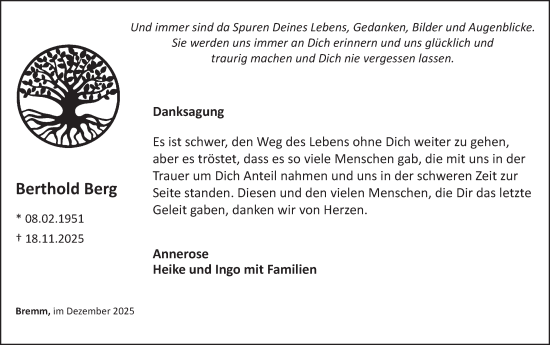 Traueranzeige von Berthold Berg von WochenSpiegel