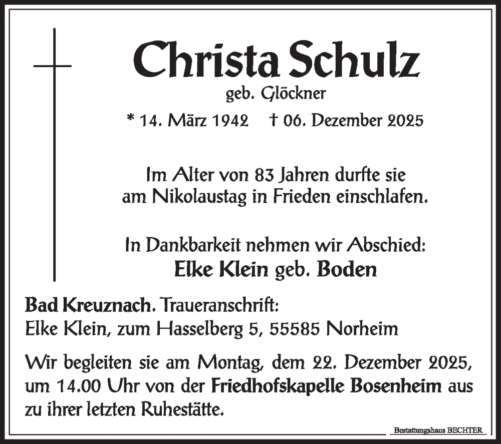  Traueranzeige für Christa Schulz vom 20.12.2025 aus WochenSpiegel