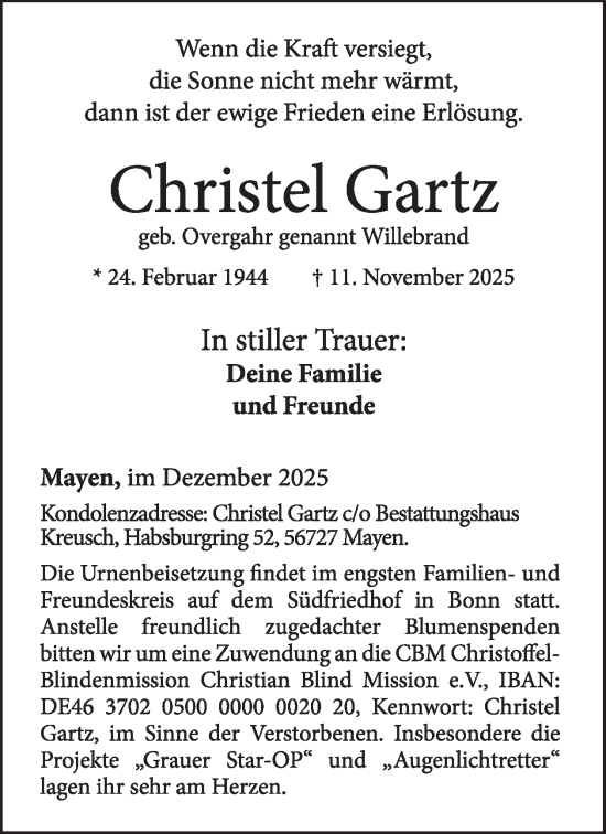 Traueranzeige von Christel Gartz von WochenSpiegel