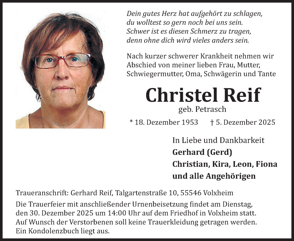  Traueranzeige für Christel Reif vom 20.12.2025 aus WochenSpiegel