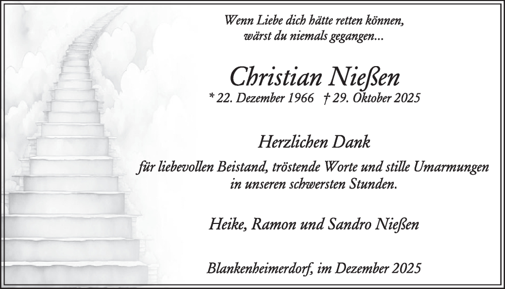  Traueranzeige für Christian Nießen vom 10.12.2025 aus WochenSpiegel