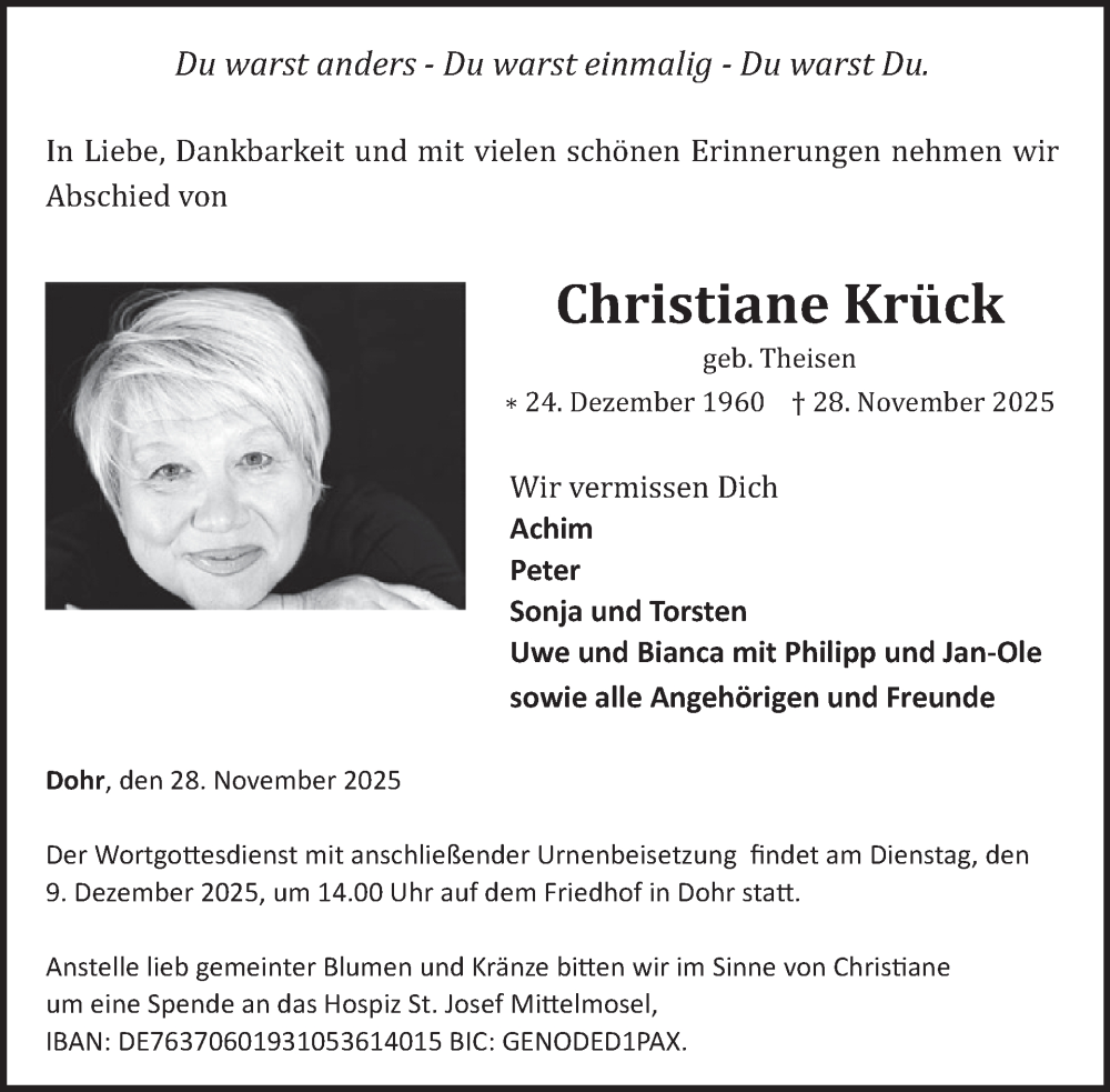  Traueranzeige für Christiane Krück vom 03.12.2025 aus WochenSpiegel