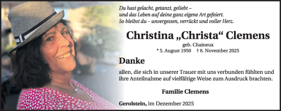 Traueranzeige von Christina Clemens von WochenSpiegel