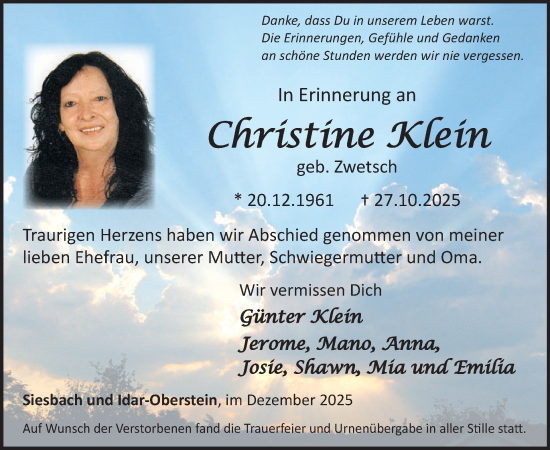 Traueranzeige von Christine Klein von WochenSpiegel
