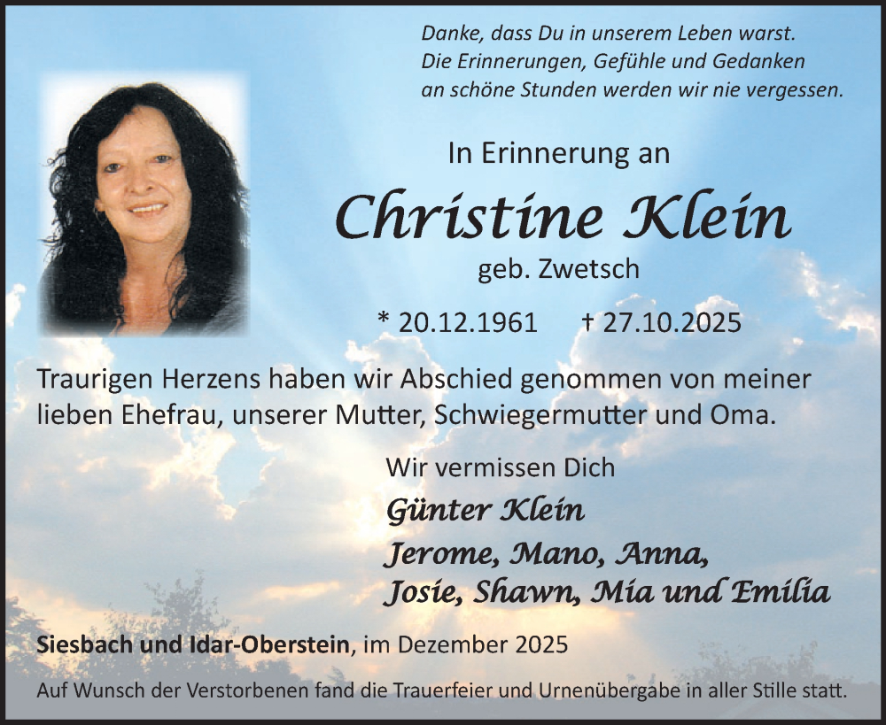  Traueranzeige für Christine Klein vom 06.12.2025 aus WochenSpiegel