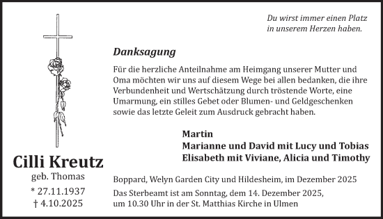 Traueranzeige von Cilli Kreutz von WochenSpiegel