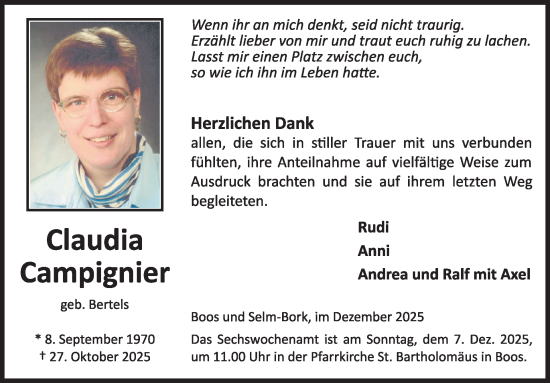 Traueranzeige von Claudia Campignier von WochenSpiegel