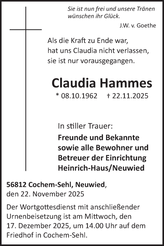 Traueranzeige von Claudia Hammes von WochenSpiegel