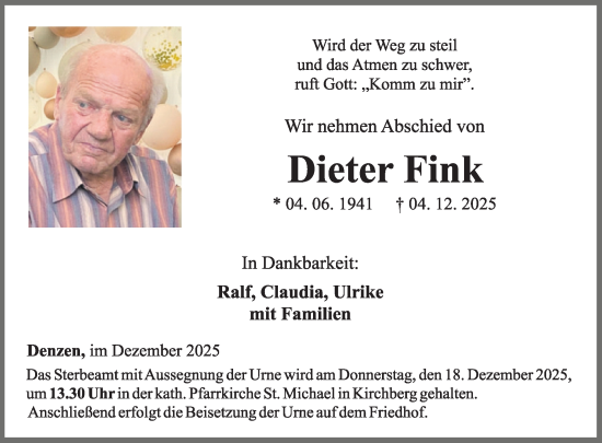 Traueranzeige von Dieter Fink von WochenSpiegel