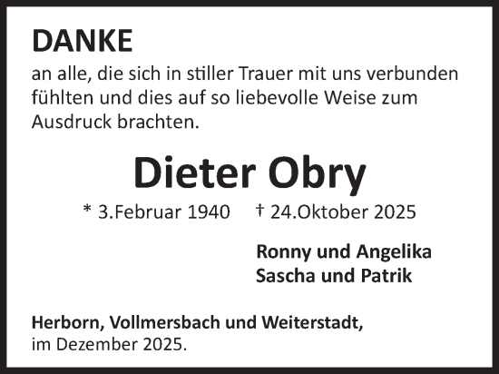 Traueranzeige von Dieter Obry von WochenSpiegel