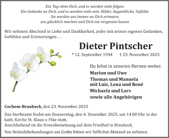 Traueranzeige von Dieter Pintscher von WochenSpiegel