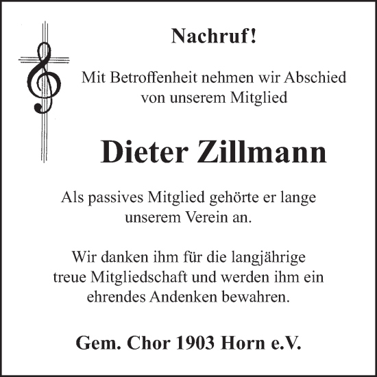 Traueranzeige von Dieter Zillmann von WochenSpiegel