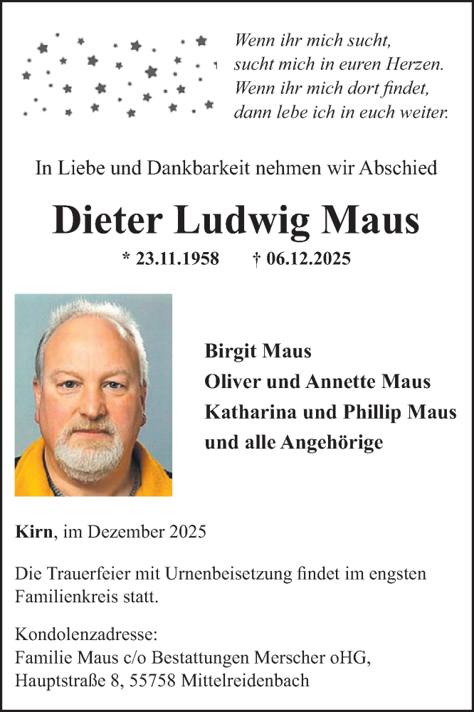  Traueranzeige für Dieter Ludwig Maus vom 20.12.2025 aus WochenSpiegel