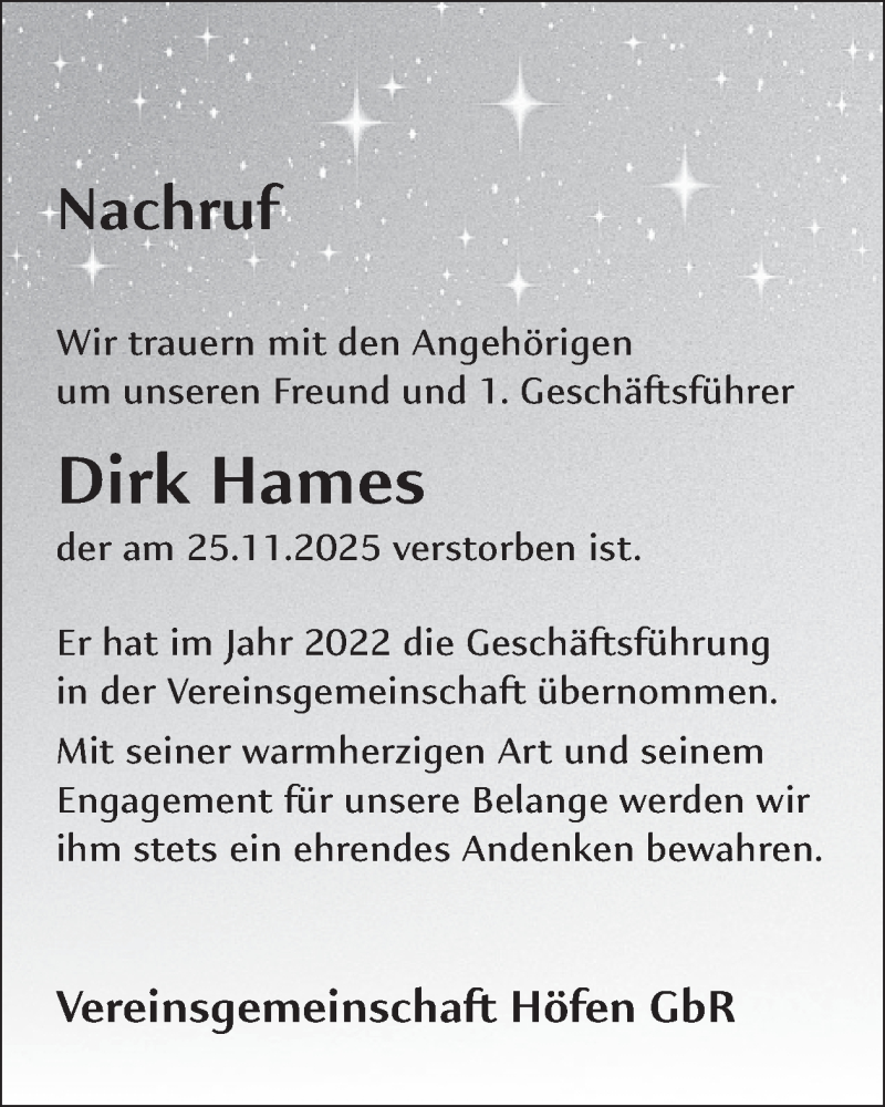  Traueranzeige für Dirk Hames vom 10.12.2025 aus WochenSpiegel