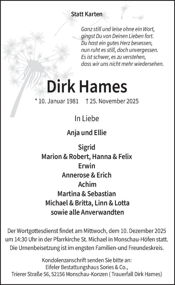  Traueranzeige für Dirk Hames vom 03.12.2025 aus WochenSpiegel