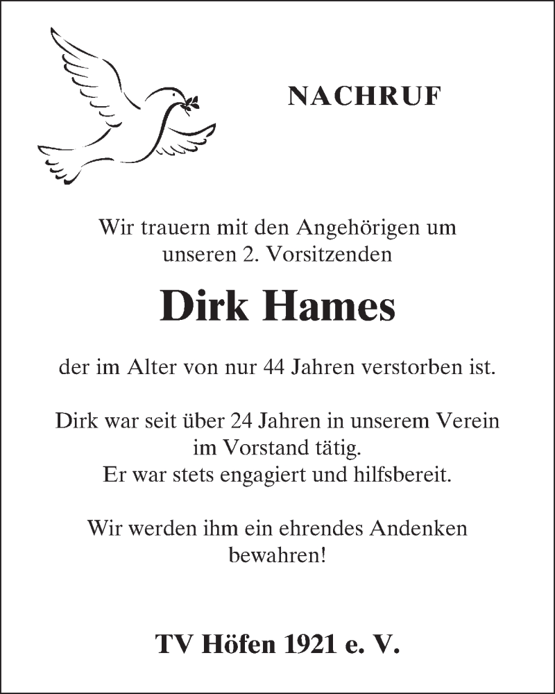  Traueranzeige für Dirk Hames vom 10.12.2025 aus WochenSpiegel