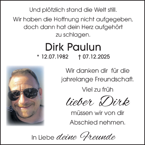 Traueranzeige von Dirk Paulun von WochenSpiegel